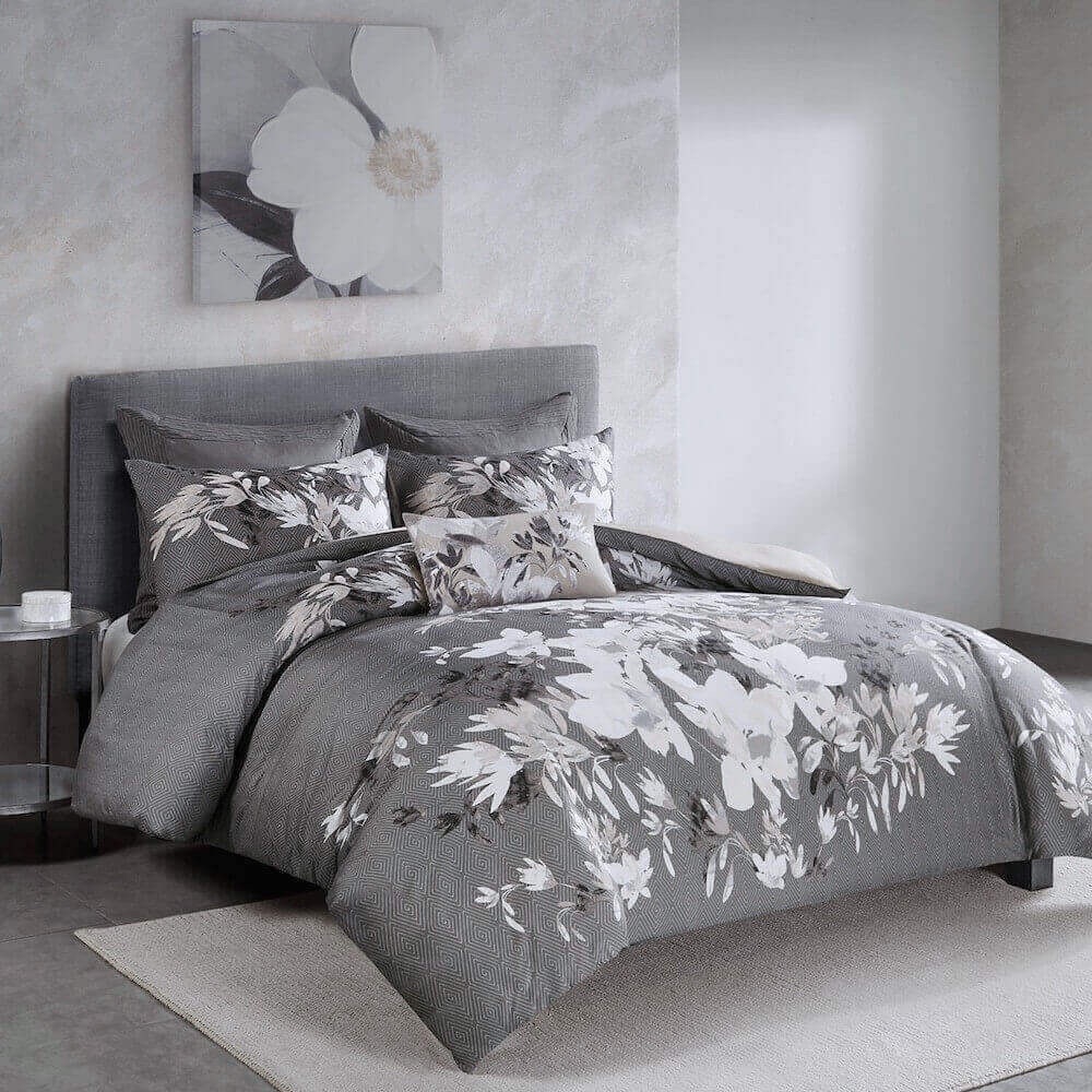 Natori Home Odessa KING 3 Piece Cotton Sateen Printed Duvet Cover Set GRAY